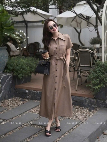 Dam182- Váy midi măngto nâu dáng dài