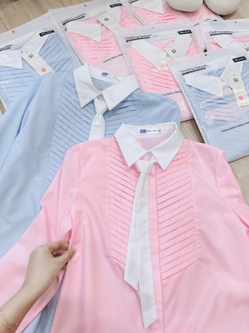 A140-Áo sơ mi nữ xếp ly chéo phối cavat rời 2 màu xanh hồng
