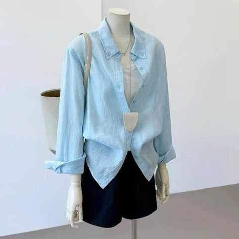 A629-Áo sơ mi xanh đũi linen