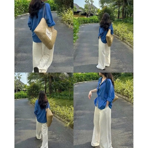 Set677-Set áo đũi xanh coban mix quần đũi màu be suông