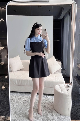 Set gồm váy đen yếm kèm sơ mi xanh trơn ( set rời)