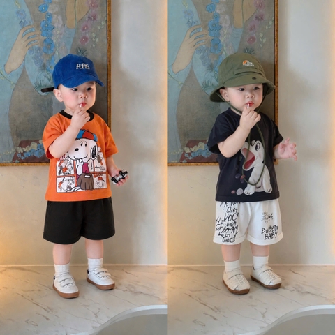 BT1028- Combo 2 bộ cotton cộc ĐeN- CAM in CÚN