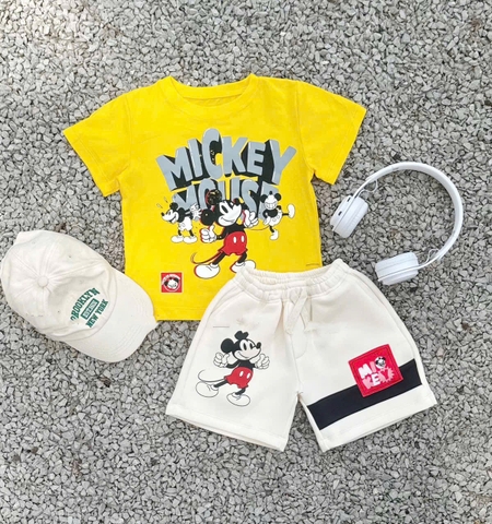 ✌🏻BT526- bộ áo cotton Mickey vàng mix quần cua tăm nhung tag đỏ