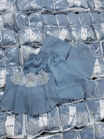 set631- Set hoa ren xanh dây chun lưng sau quần suông