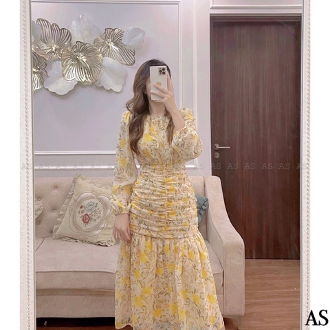 ⚡️BÁN SỈ⚡️Đầm đuôi cá nhún eo tay bồng hoạ tiết hoa vàng