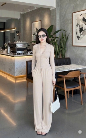 Set786- Set áo díp lông thỏ cổ V phối quần suông dài màu nâu