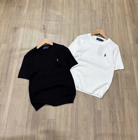 A481- Áo len dệt kim cộc tay cổ tròn thêu ngựa 2 màu đne trắng hàng nhà máy đủ tem