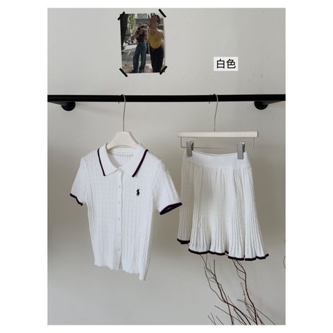 SET720-Set áo len cộc thêu phối chân váy xoè thể thao 2 màu vàng trắng