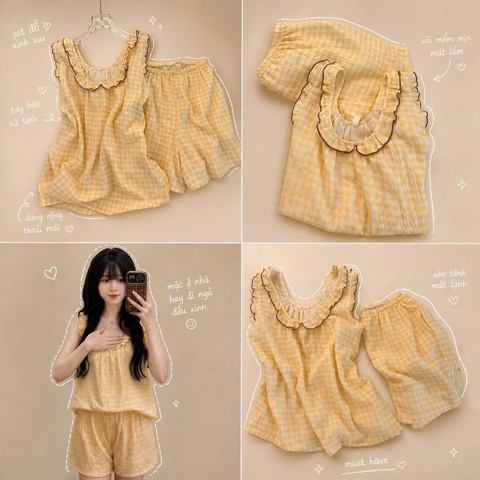 Set974- Set mặc nhà áo 2 dây phối ren màu vàng