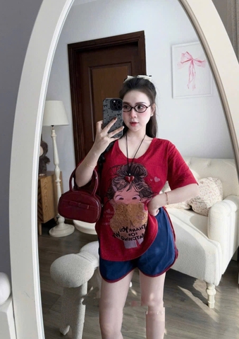 Set619- Set bộ áo cộc đỏ cô gái mix quần viền màu than chất cotton