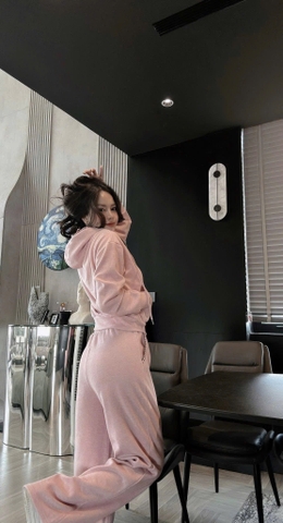 Set801-Set mặc nhà có mũ nỉ díp lông màu hồng phối quần suông