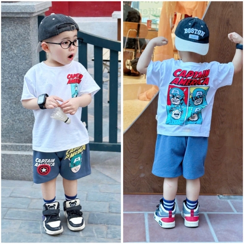 BT483- Bộ captain trắng xanh áo mix quần cua