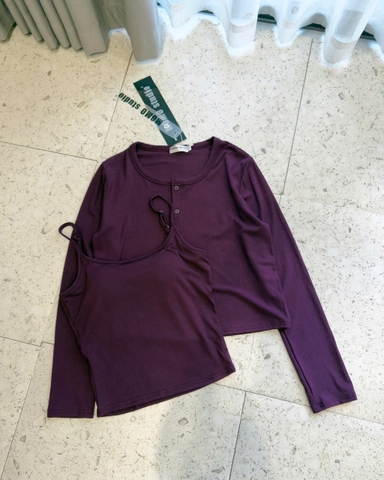 A369-Set áo thun díp 2 dây phối cadigan màu tím