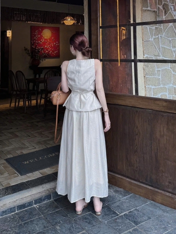 Set633- Set váy lien màu be CV xoè mix áo hoa