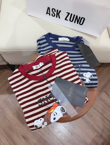 Set815- Set mặc nhà áo nỉ kẻ ngang Snopy phối quần bo ống