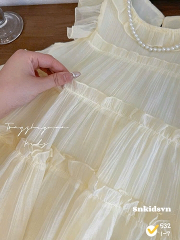 DAMGAI06-Đầm bé gái màu be 2 lớp xếp tầng xòe chất tơ