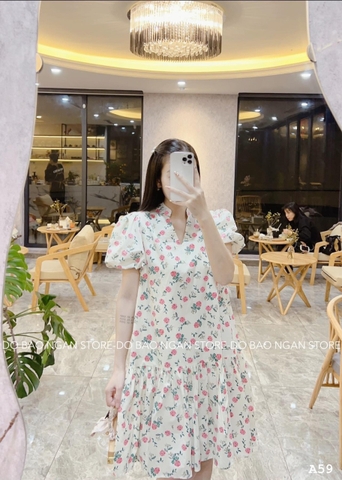 Đầm hoa hồng cổ V 2 lớp đai rời