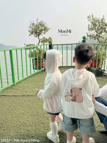 BT312- Áo thông hơi trắng phối có mũ trẻ em hoạ tiết in