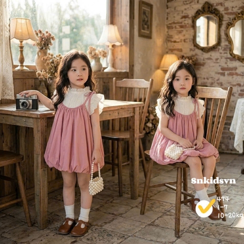 Damgai04-Đầm dây bồng chân mix áo tơ cộc tay 2 màu hồng-vàng