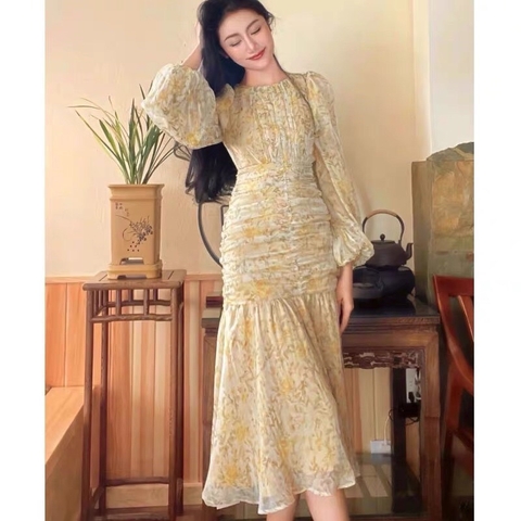 ⚡️BÁN SỈ⚡️Đầm đuôi cá nhún eo tay bồng hoạ tiết hoa vàng