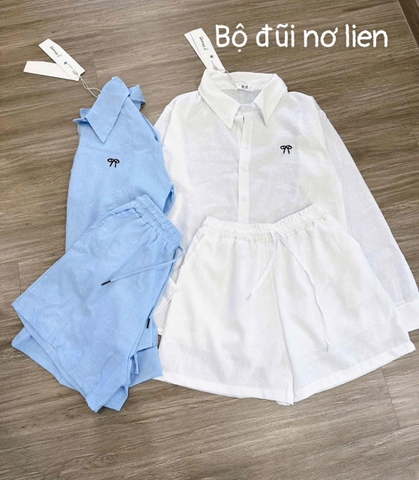 SET501- set sơ mi thêu nơ quần cộc có lót cạp chun chất lien đũi