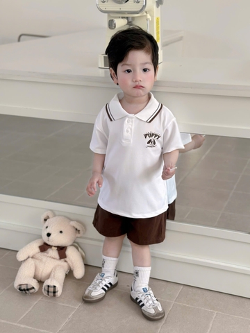 Bt870-Bộ áo polo trắng phối quần kaki nâu cạp chun cho bé 8-26kg