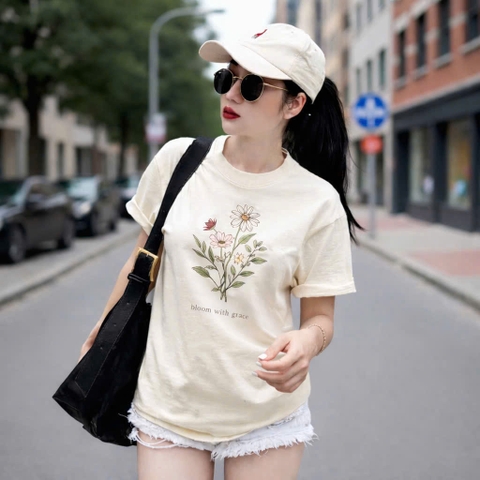 A506-Áo thun suông viền cổ màu be hoa