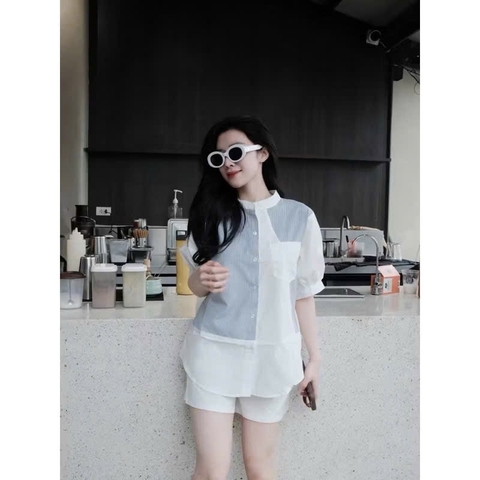 A263- Áo SƠ MI trắng kẻ PHỐI CỔ TẦU chất thô lụa