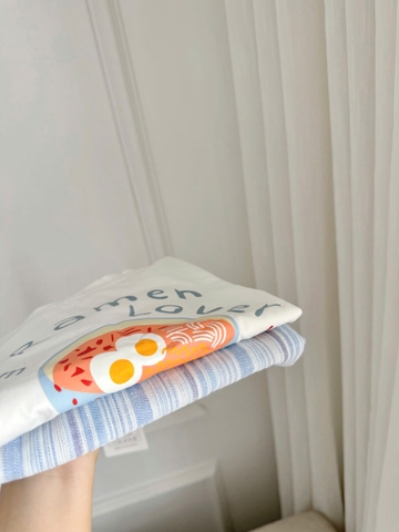 BT608-Bộ thun dài tay RAMEN áo trắng dài phối quần dài kẻ xanh