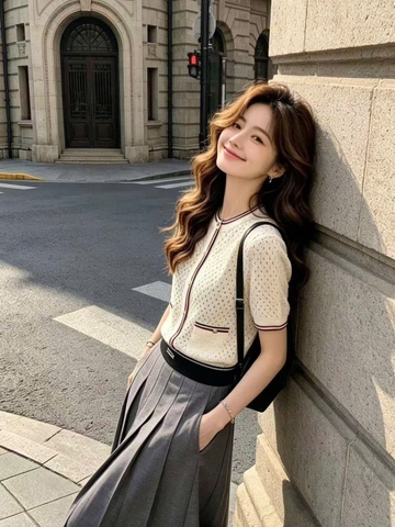 A658- Áo len cộc tay dệt kim viền đỏ cúc đồng