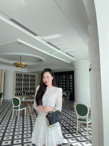 SET360- Set áo ren đệm vai phối chân váy xếp ly nơ eo