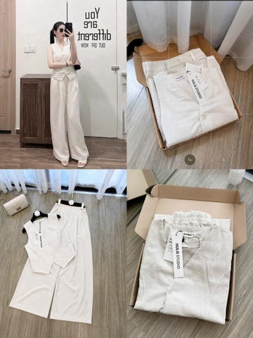 SET1009- Set áo đũi linen sát nách phối quần suông be