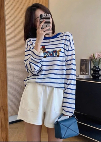 Set706- Set áo thun xước dài tay kẻ xanh phối quần short