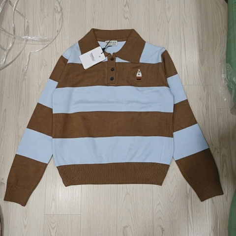 A472- Áo len kẻ ngang to phối cổ bẻ thêu tag 2 màu