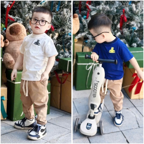 BN101-Bộ áo cotto mix quần kaki túi áo ngực 2 màu xanh,trắng bé trai