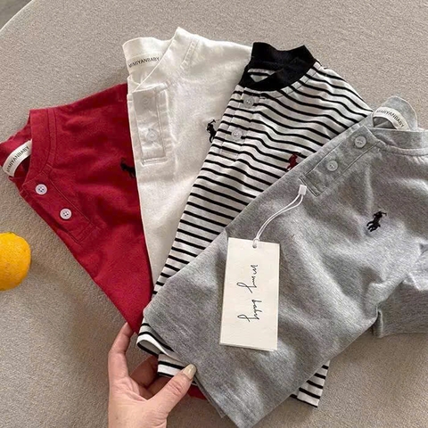 CB401-Combo 4 áo thun cộc tay tổ tàu thêu ngựa đỏ, kẻ, trắng, xám