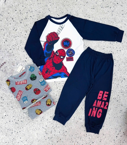 BT1008- Combo 2 bộ dài tay cotton NHỆN XÁM-Xanh trắng chuẩn Minibebe