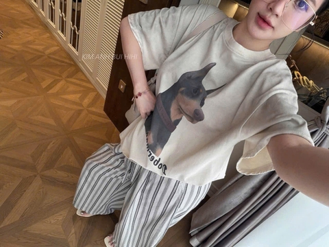SET1026- Set áo cotton CÚN NÂU mix quần suông kẻ