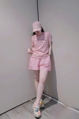 SET597-Set thun cộc áo kẻ hồng phối quần short