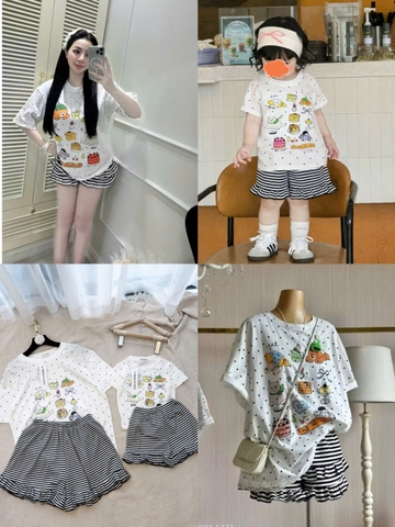 Set884- Set mẹ con áo thun trắng in BÁNH KẸO mix quần kẻ