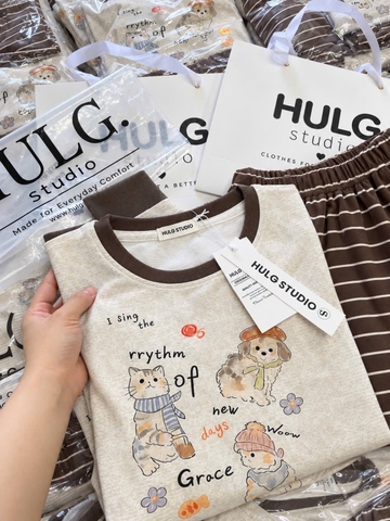 SET1078- Bộ mặc nhà díp lông áo in hình phối quần suông kẻ nâu