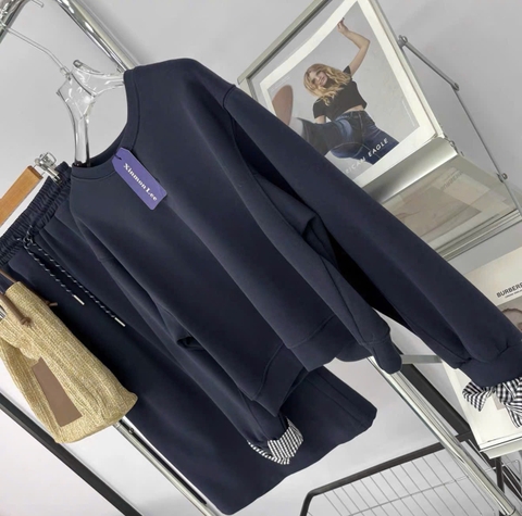 set745- SET ÁO CHÂN VÁY NỈ màu than tay phối kẻ cạp chun