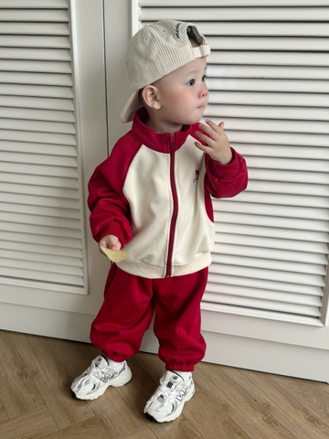 BT735- Bộ nỉ bé trai áo khoác kéo khoá phối quần chun bo ống 2 màu đen đỏ