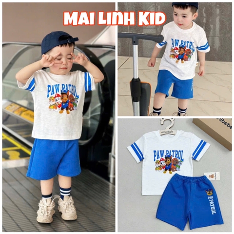 BN092- Bộ PAW trắng xanh áo cottn mix quần cua