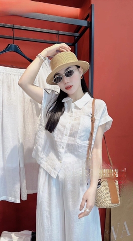 SET307-Set áo đũi trắng phối quần suông