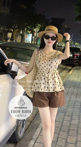 🌿Set698- SET ÁO CHẤM BI PHỐI REN KÈM ĐAI dáng cộc