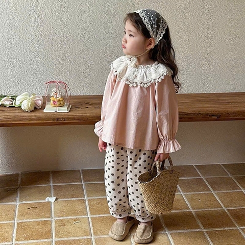 BT609-Bộ dài tay bé gái áo cổ ren phối quần dài bo gấu