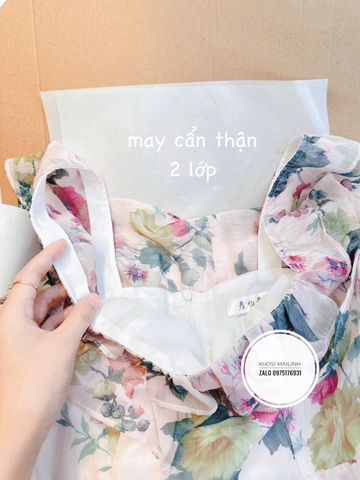 Đầm voan tầng cổ vuông 2 lớp