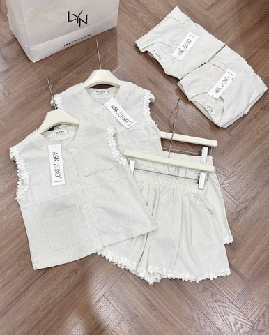 Set871-set áo linen gile phối ren kèm quần short