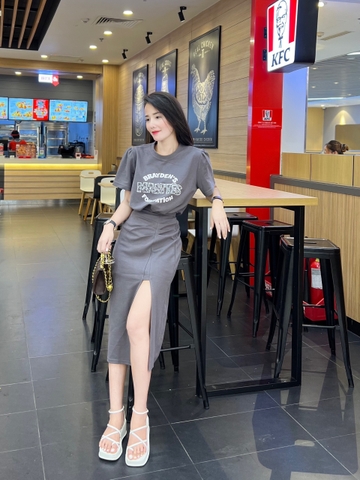 Set đầm chữ xẻ chất zip tàu 2 màu đen, xám